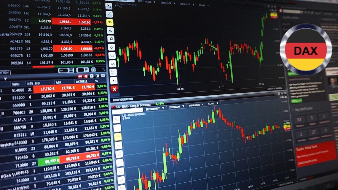Trading charts in the background with a German flag